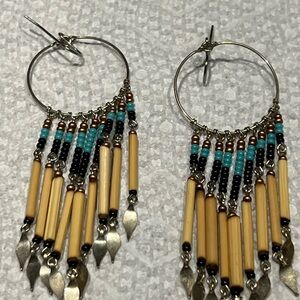 Boho Beaded Hoop Dangle Earrings in Turquoise and Tan